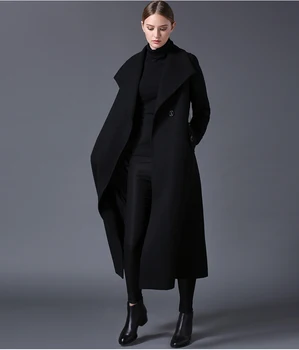 Зимнее женское шерстяное пальто 2019 с лацканами, черное, темно-синее, с длинным разрезом