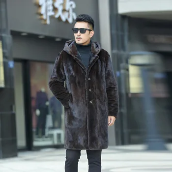 Зимняя Длинная куртка из искусственного меха С капюшоном, Мужская однобортная толстая теплая куртка из искусственного меха, ветрозащитная мужская меховая куртка, пальто