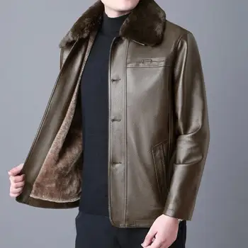 Зимняя кожаная куртка с меховым воротником, Мужская пуговица, искусственная кожа, Мужские большие Размеры, Свободные, Плюс бархат, толстая мужская кожаная куртка, Брендовые пальто