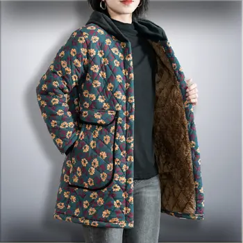 Зимняя куртка для мам среднего возраста и пожилых людей, Утепленная Одежда с хлопковой подкладкой и капюшоном, Свободное флисовое пальто средней длины с цветочным рисунком T1767