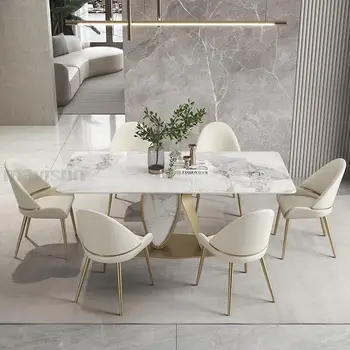 Золотой длинный обеденный стол 1,8 м, Легкий Роскошный современный минималистичный салон высокого класса, Прямоугольный центральный Ресторанный стол и стулья