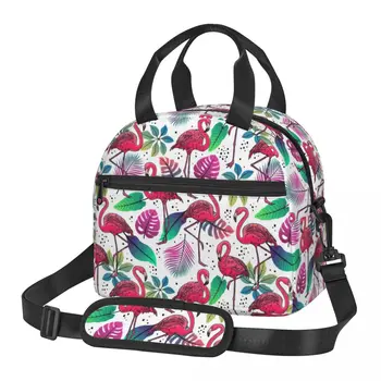 Изготовленная на заказ сумка для ланча с изображением фламинго и пальмовых листьев, Женская сумка-холодильник, Теплые Изолированные ланч-боксы для детской школы