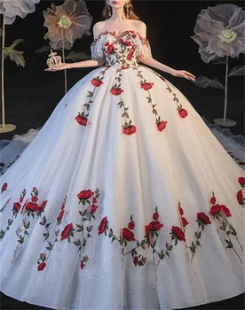 Изготовленное на заказ Свадебное Платье Бандо с Открытыми Плечами, Белая Пышная Юбка с Красным Принтом, Королевский Шлейф, Благородный Элегантный Собор 2023, Vestido De Novia