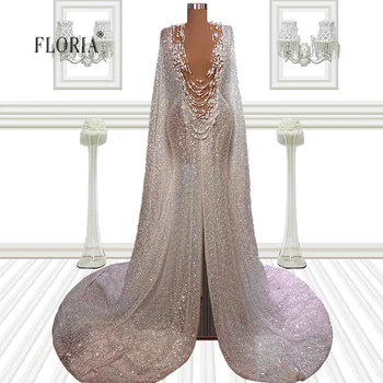 Иллюзионное вечернее платье Floria с длинными рукавами и V-образным вырезом, женские платья для выпускного вечера, расшитые бисером свадебные платья вечерние платья Свадебное платье