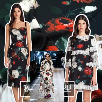 Итальянский роскошный бренд с принтом Роз, эластичная атласная ткань, 100% полиэстер, одежда, ткань для рубашки, ткань для платья, пошив по метру