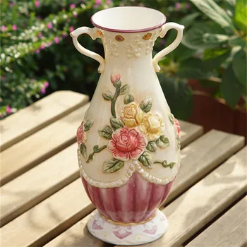 Керамическая высокая ваза, европейская ваза для цветов, украшение для дома, гостиной, столешницы, рельефная роза.