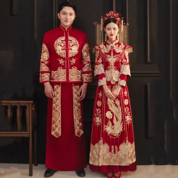 Китайская традиционная Свадебная одежда для невесты и Жениха, Платье с Красным Драконом и Фениксом, Костюм Xiuhe Hanfu Tang, Топ, юбка, Костюм