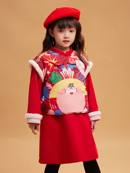 Китайский стиль, Новогодний комплект одежды из 2 предметов для маленьких девочек, зимняя модная плотная теплая одежда Hanfu, Детская милая красная верхняя одежда Kawaii 150 см