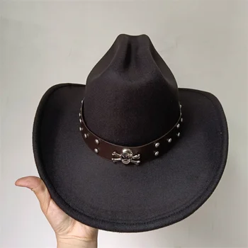 Ковбойская шляпа с черепом, мягкая шляпа от лихорадки, Мужская ковбойская шляпа джентльмена, Женская джазовая ковбойская шляпа с кожаными широкими полями, Церковное сомбреро