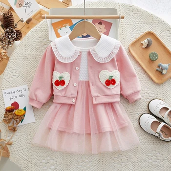 Комплект для маленьких девочек, Весенний новый розовый вишневый костюм, платье, Детский комплект из двух предметов, Детские комплекты, Корейская одежда для малышей, костюм с длинным рукавом