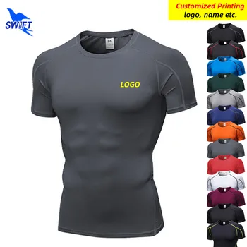 Компрессионная футболка с логотипом для фитнеса, Мужские Эластичные топы для Бега с коротким рукавом, Летняя Быстросохнущая спортивная футболка для спортзала