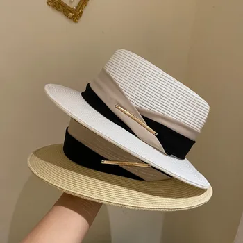 Корейская Стильная Элегантная панама, Солнцезащитная шляпа, летняя Соломенная шляпа в стиле пэчворк с лентой для отдыха на пляжной вечеринке, кепка с козырьком