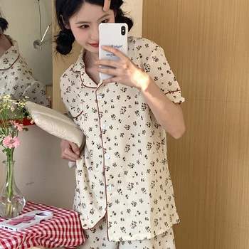 Корейский Пижамный комплект для женщин, Летняя одежда для отдыха, Пижама для девочек, Милая Пижама с отворотом, Пижама с цветочным принтом, Японский домашний костюм
