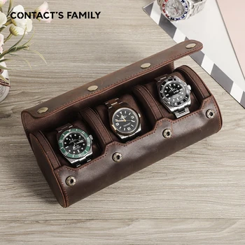 Коробка для часов CONTACT'S FAMILY из натуральной кожи с 3 сетками, Мужские часы для хранения и упаковки в путешествиях, чехол для наручных часов, высококачественный подарок