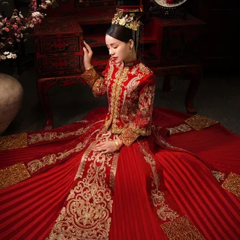 Костюм Невесты в китайском стиле, Восточное Женское Платье с вышивкой, Классический воротник-стойка, Свадебное платье Чонсам