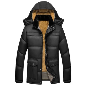 Красивая парка Мужская модная зимняя куртка большого размера Мужская однотонная черная толстая шерстяная подкладка на молнии с капюшоном Теплые пуховые хлопчатобумажные пальто