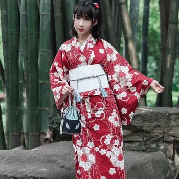 Красное Кимоно Японская Юката Женская Модифицированная версия Может носить официальную одежду Hanafire Assembly Big Cherry Blossom