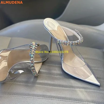 Кристалл ремень прозрачные ПВХ тапочки Сексуальная остроконечные Toe скольжения на туфли на высоком каблуке женщины насосы мода горячие продажа Женская обувь