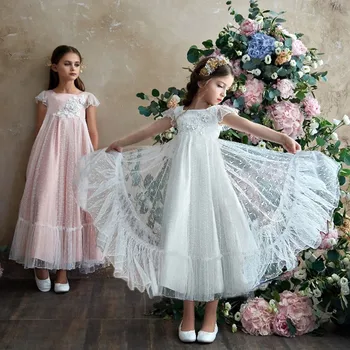 Кружевное Розово-Белое платье без рукавов длиной до щиколоток для девочек, Элегантная вечеринка Принцессы, Первое Причастие, Выпускной Банкет