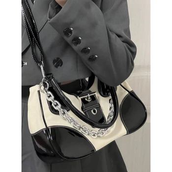 Крутая женская металлическая цепочка, сумка через плечо для мотобайка в стиле панк, сумка-мессенджер, сращивание ткани, холст, PU, черный, белый, Y2K, винтажный