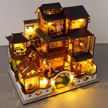 Кукольный домик в китайском стиле, здание гостиницы, Вилла, миниатюрные изделия ручной работы, модель костюма 