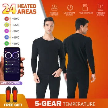 Куртка с подогревом 24 зоны, Обогревающее Термобелье, Зимнее нижнее белье, костюм, приложение для смартфона, контроль температуры, питание от USB-аккумулятора