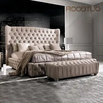 Легкая роскошная кожаная кровать высокого класса, изготовленная на заказ, Итальянская дизайнерская Двуспальная кровать с кнопками в гонконгском стиле, Роскошная кровать в главной спальне