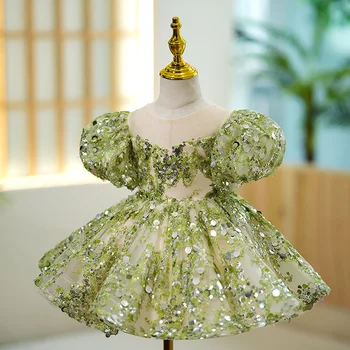 Летнее Зеленое платье Принцессы с пышными рукавами и круглым вырезом, расшитое блестками, бальное платье для маленькой девочки, бальное платье для шоу, одежда для девочек