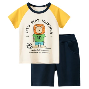 Летний новый комплект детской одежды 2023 года, хлопковая футболка с короткими рукавами и принтом льва из мультфильма для мальчиков + спортивные шорты, детская одежда
