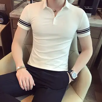 Летняя однотонная рубашка поло, Мужская деловая повседневная футболка с коротким рукавом, топы с лацканами, корейская модная мужская одежда, Мужская рубашка поло