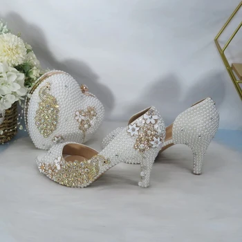 Лето 2021 г., Новые женские свадебные туфли, комплект сумок для невесты, Сандалии с открытым носком и сумка, белые жемчужные вечерние модельные туфли, туфли-лодочки Peacock 8 см