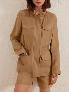 Льняное пальто на молнии, женское однотонное пальто с воротником-стойкой, простое Женское пальто с длинным рукавом 2023, осенняя куртка с карманами