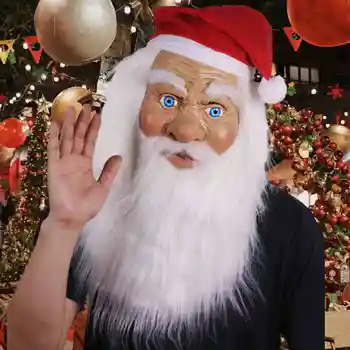 Маска Санта-Клауса с белой бородой и шляпой, реалистичный костюм на все лицо для Мужчины, реквизит для косплея, Маскарадная вечеринка, Латексная Рождественская маска для взрослых