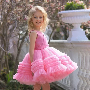 Милые Розовые платья в цветочек для девочек длиной выше колена, детские праздничные платья с V-образным вырезом, Детская официальная одежда, Детские платья без рукавов, Многослойная юбка