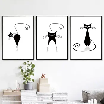 Минималистичные черно-белые животные, милый кот, картина на холсте, настенное искусство, плакаты на скандинавскую тему и принты, настенные панно для декора гостиной