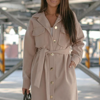 Мода 2023, Осенне-зимняя Женская одежда, Однотонное Шерстяное пальто средней длины с Лацканами, однобортное Шерстяное пальто на шнуровке с длинными рукавами