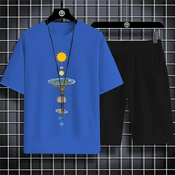 Модная мужская футболка Four seasons Quick dry, свободная повседневная уличная футболка с принтом планеты для взрослых, круглым вырезом и короткими рукавами, пляжные брюки, костюм