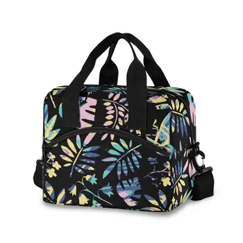 Модная сумка для ланча с принтом в виде листьев тунга, Многоцветные сумки-холодильники, Женская ручная упаковка, Термос для завтрака, Переносная коробка для пикника