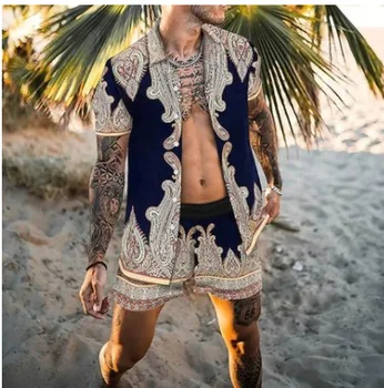 Модные летние мужские высококачественные Гавайские комплекты, две рубашки с коротким рукавом, пляжные шорты, уличная одежда на каждый день, мужской костюм из 2 предметов