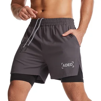 Модные простые Горячие спортивные шорты Мужские быстросохнущие тканые Двойные капри для фитнеса и марафона