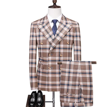Модный новый мужской двубортный клетчатый костюм, пальто, Брюки, комплект из 2 предметов/Мужские приталенные деловые Свадебные блейзеры, куртка, брюки