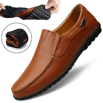 Мужская Повседневная обувь из натуральной кожи, Элитный бренд 2023, Мужские Лоферы, Мокасины, Дышащие Черные Туфли Для Вождения без Застежки, Большие Размеры 37-47