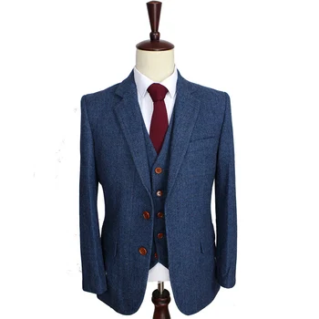 Мужские костюмы из высококачественной шерсти с лацканами, Синий блейзер в джентльменском стиле на заказ, костюмы для мужчин, 3 предмета (куртка + брюки + жилет)