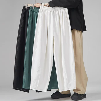 Мужские Свободные Повседневные широкие брюки с эластичной резинкой на талии Из чистого хлопка, однотонные брюки, Прямые Мешковатые широкие брюки 5XL