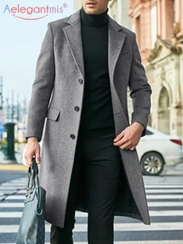 Мужское зимнее шерстяное пальто Amis, Однобортное приталенное Длинное пальто, однотонный воротник с лацканами, Осенне-зимние уличные куртки