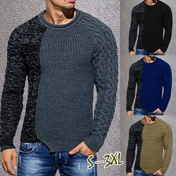 Мужской модный пуловер с цветным блоком, вязаный свитер с круглым вырезом, Теплая Лоскутная Стильная повседневная Уличная одежда, мужская Зимне-осенняя одежда
