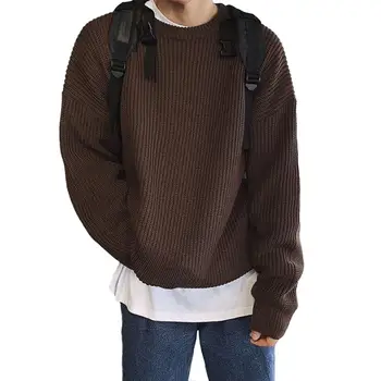 Мужской свитер в корейском стиле, Стильный Корейский мужской вязаный свитер Свободного кроя, однотонный с круглым вырезом, осенне-зимняя уличная одежда, мужская мода
