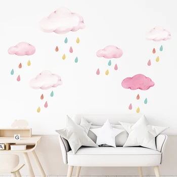 Нежно-розовые облака, красочные наклейки с каплями дождя на стену для комнаты девочки, наклейки на стены, красивые домашние декоративные наклейки на стены детской, фрески