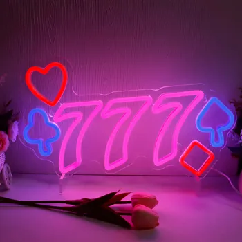 Неоновая светодиодная вывеска Казино 777, розовый, белый для стены, Счастливое число, Вывески для пива в спортивном баре, Декор для игровой комнаты, USB-подсветка