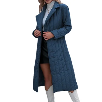 Новая тонкая длинная одежда с хлопковой подкладкой, однотонный темпераментный пояс с лацканами, толстое теплое женское пальто из полиэфирного волокна